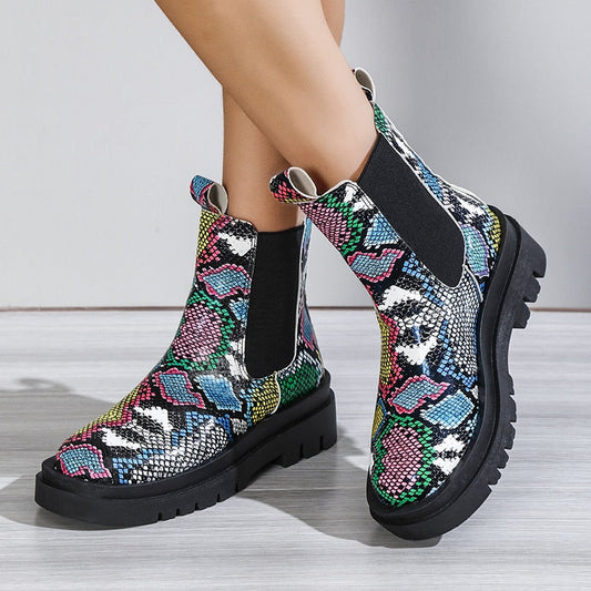 Snake Print Platform Ankle Boots Women Autumn Pu Leather Thick Sole Chelsea Booties Woman Plus Size 43 Slip on Botas Mujer