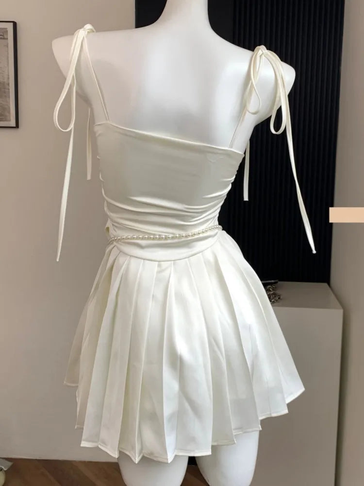 Y2K Satin Short Dress with Belt Chain Women New Summer Solid Spaghetti Strap Slim A-line Pleated Korean Chic Sexy Party Dresses