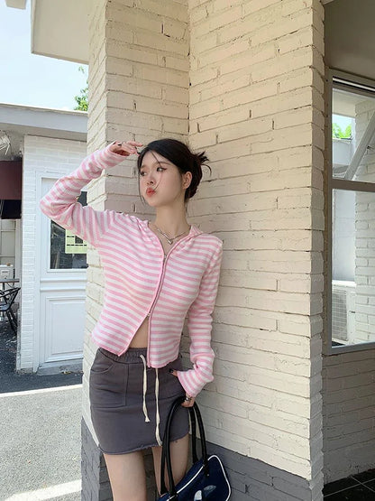 Pink Striped Vintage Y2k Aesthetic Women Cardigan Japanese Knitted Sweater Crop Coat Female Hooded Double Zipper Kardigany