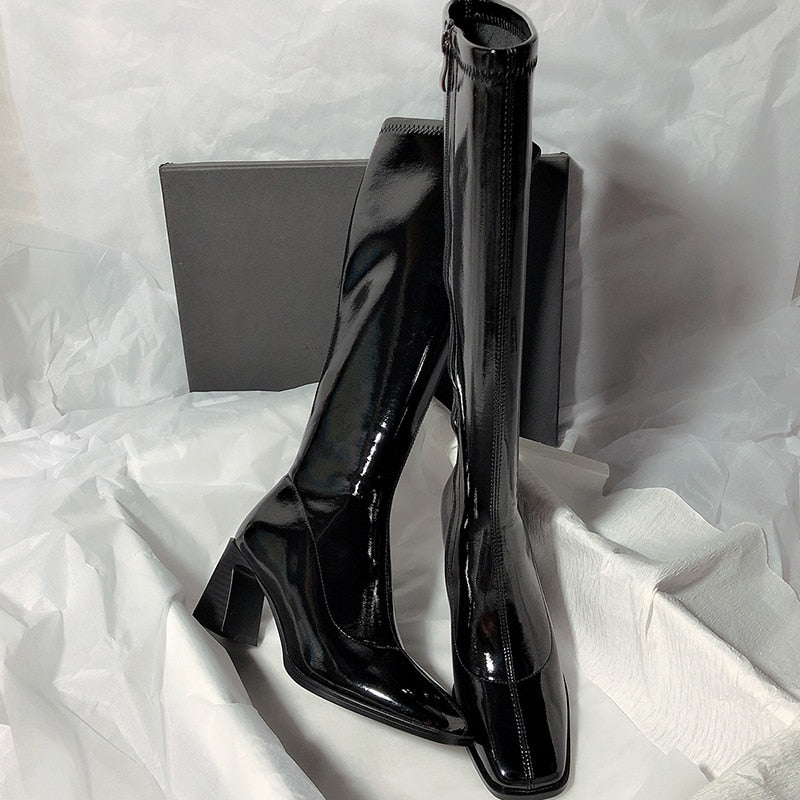 Patent Leather High Heels Long Boots Women Autumn Square Toe Knee-high Botas Woman Side Zipper Thick Heeled Shoes Female