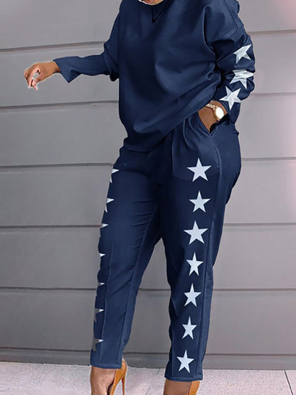 Classic Loose Pants Suits For Women Femme Star Print Trousers And Blouse Casual Outfits Slim Pencil Pants Two Piece Matching Set