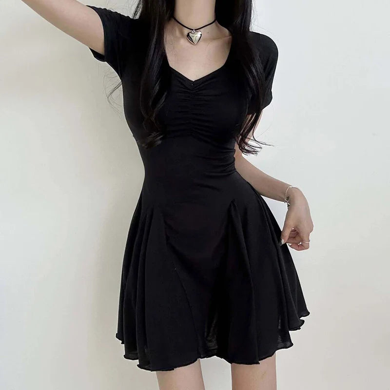 lovwvol V Neck Folds Folds Basic Short Casual Dress for Women Korean Fashion A-Line Sundress Draped Summer Dresses Clothing