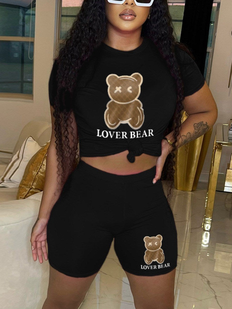 Lovely Bear Letter Print Kangaroo Pocket Tracksuit Set Long Sleeve Hoodie+Drawstring Trousers Women Two Pieces Matching Suits