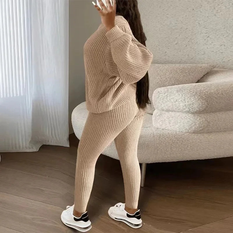 lovwvol  -  Winter Two Piece Sets Women Clothing Autumn Fashion Casual Solid Round Neck Pullover Loose Pit Knitted Sweater Pants Suits