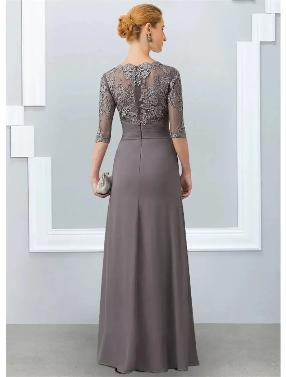 A-line Gray Mother of the Bride Dress Elegant Jewel Neck Floor Length Chiffon Half Sleeves Appliques Lace Wedding Party Gowns