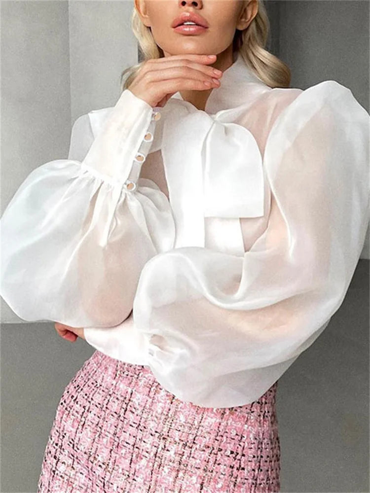 lovwvol White Chiffon Top Shirts For Women Elegant Long Lantern Sleeve Mesh T-shirt See-Through Blouse Bow Sheer Ladies Shirts