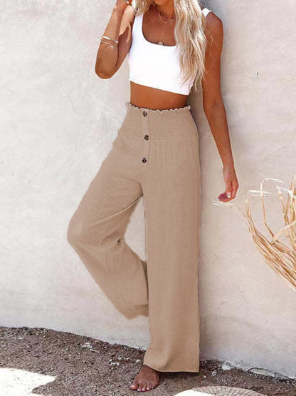 Spring Autumn Button Wide Leg Pants Women Solid Casual Cotton Linen Long Pants Elegant Female Slim Straight Thin Trousers