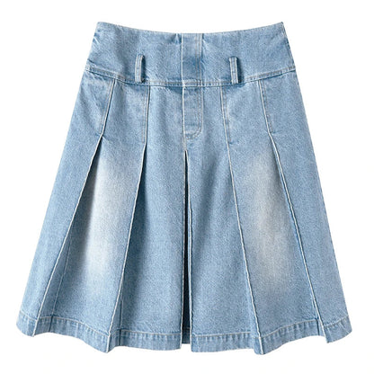 lovwvol Vintage Knee-length Midi Long Pleated Denim Skirt Women Acubi Fashion Grunge Y2k Streetwear Blue Jeans Bottoms Female