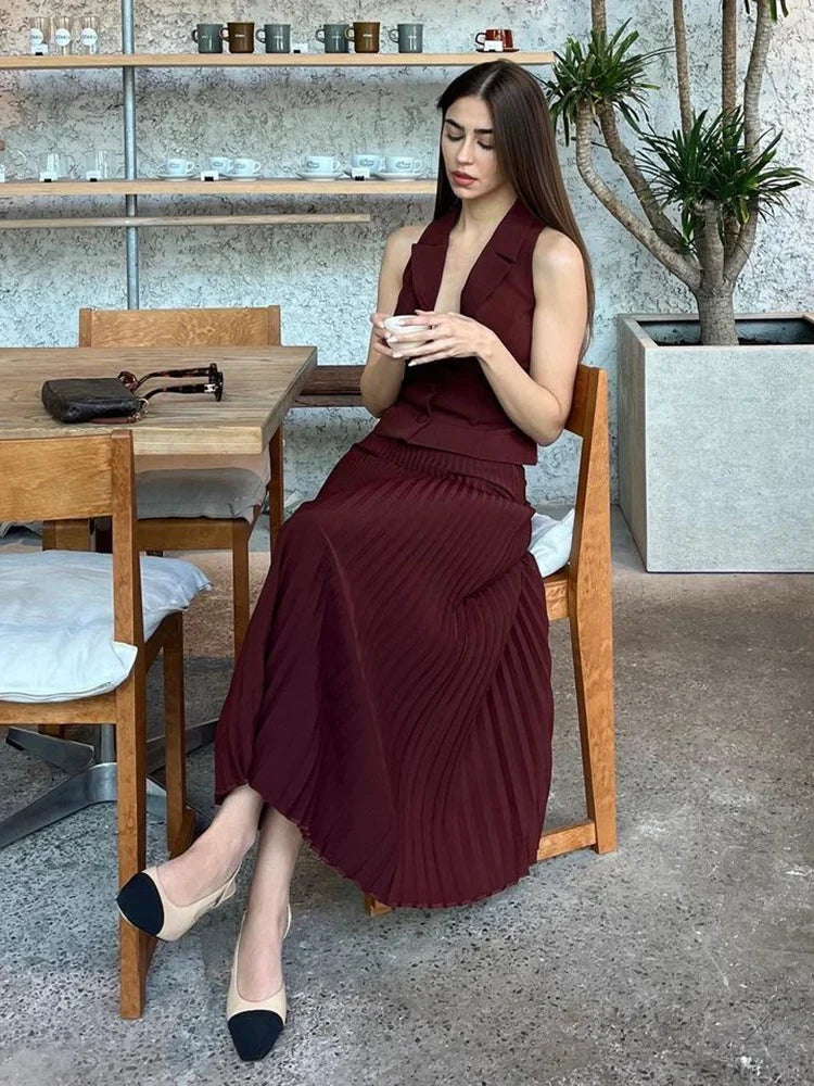 lovwvol - Folds Long Skirt Two Pieces Set Women's Notched Sleeveless Short Vest Top High Waist Solid Maxi Skirt Fashion Sets 2024