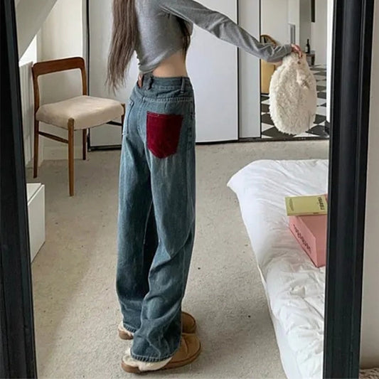 Y2K Vintage Jeans Women Streetwear High Waist Spliced Contrast Color Wide Leg Denim Pants Do Old Baggy Straight Trouser