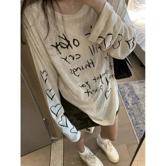 lovwvol Letter Graphic T-shirts Women Vintage Oversized Korean Style Sexy Hippie Harajuku Fashion Long Sleeve Tees Cute Tops