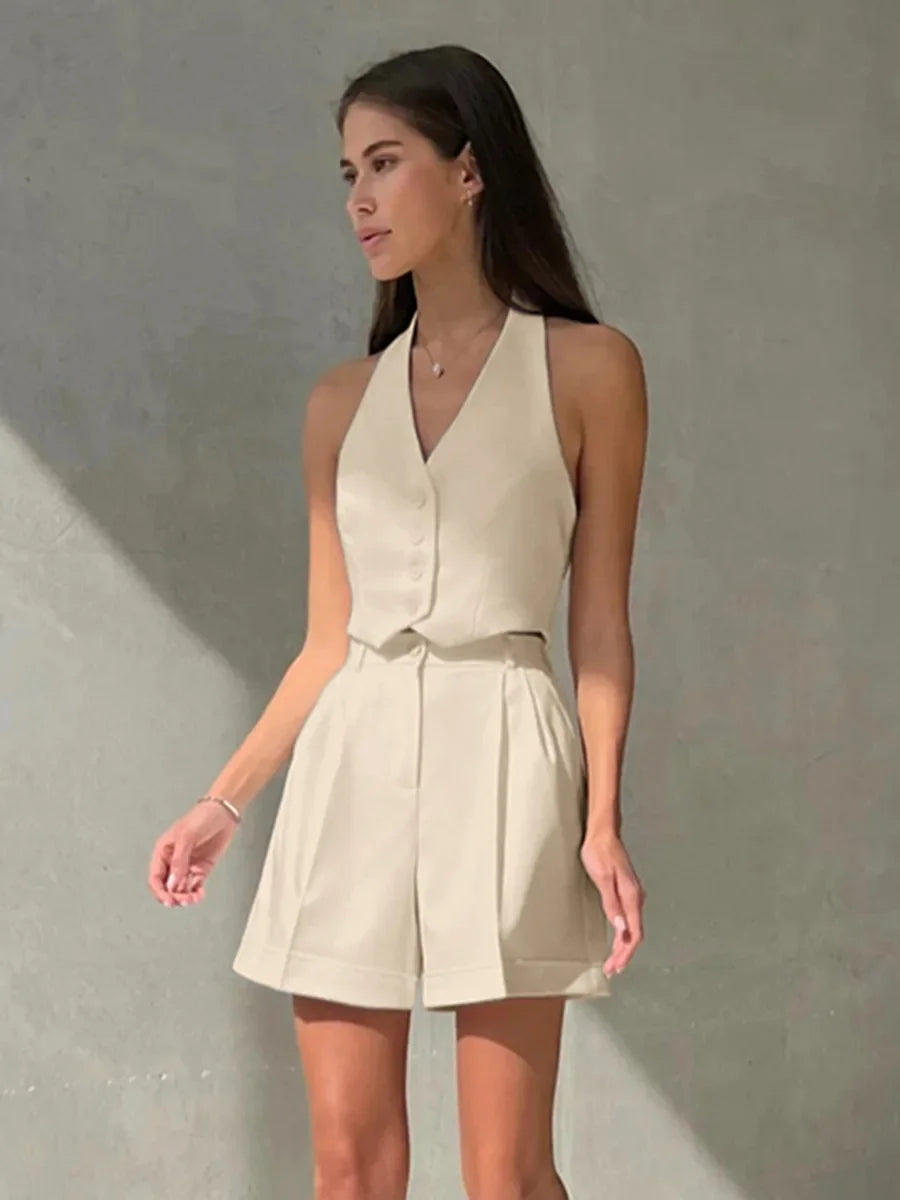 lovwvol  -  Summer Shorts For Office Suits Elegant Cotton V-Neck Sleeveless Tank Tops High Waist Shorts 2 Piece Sets Outfits