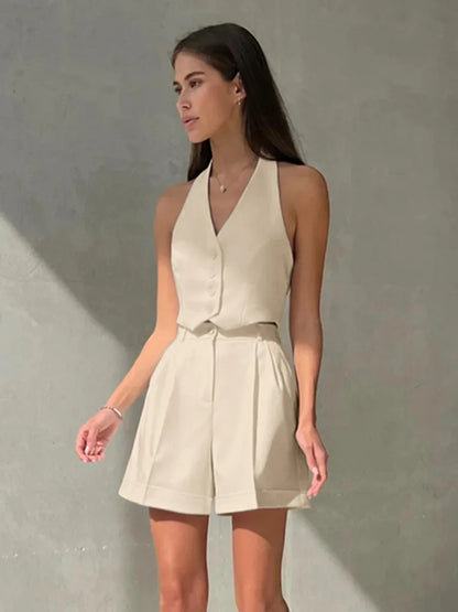 lovwvol  -  Summer Shorts For Office Suits Elegant Cotton V-Neck Sleeveless Tank Tops High Waist Shorts 2 Piece Sets Outfits