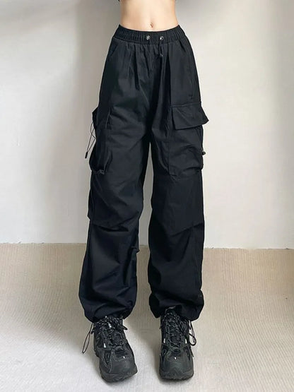 lovwvol Women Oversized Cargo Parachute Pants Y2k Vintage Streetwear High Waist Joggers Hippie Baggy Harajuku Wide Leg Sweatpants