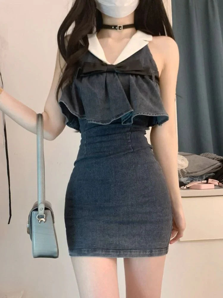 lovwvol French Vintage Denim Dress Women Causal Y2k Office Lady Slim Mini Dress Summer 2024 Korean Fashion Elegant Retro One Piece Dress