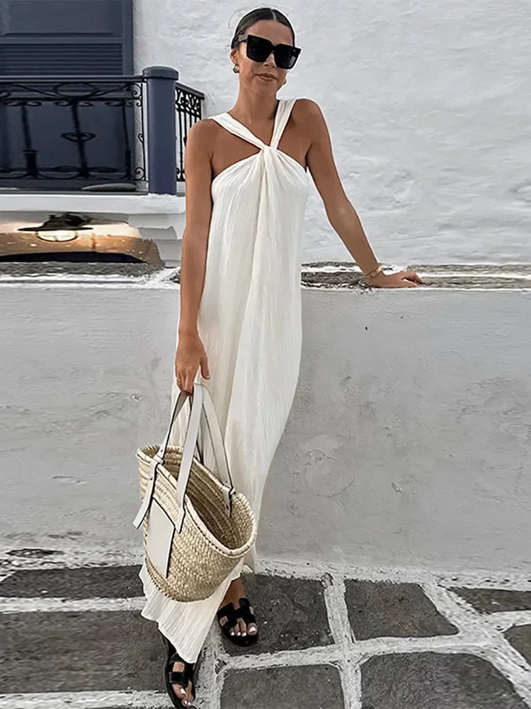 lovwvol Sexy White Off Shoulder Halter Pleated Maxi Dress Fashion Sleeveless Loose Dresses Summer 2024 Ladies High Streetwear Vestidos