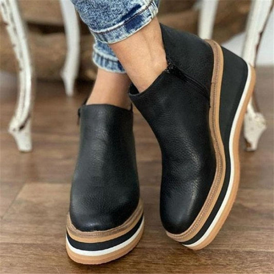 Fashion Women Short Boots Round Toe High Top Platform Wedges Retro Booties Soft Leather Zipper Comfortable Ankle Boots for Woman