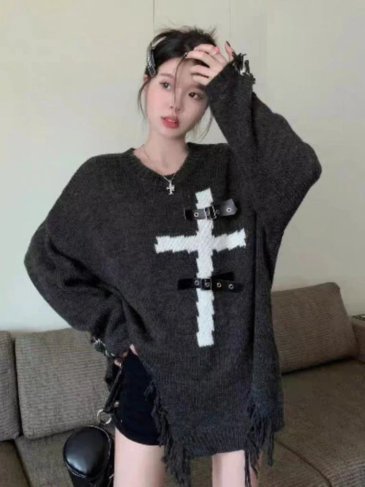 lovwvol  -  Gothic Black Sweater Women Ripped Cross Print Aesthetic Grunge Top Casual Loose Streetwear Pullover Y2k Streetwear Sueter Jumper