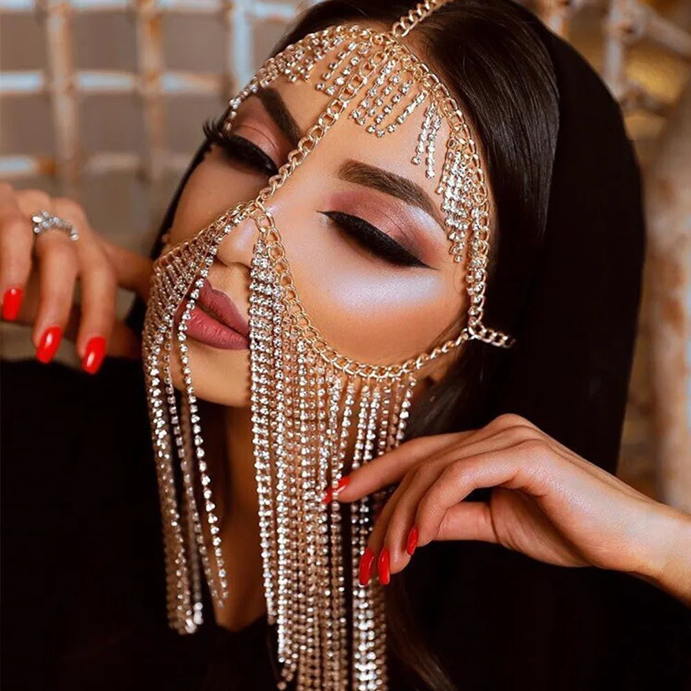 Indian Tassel Veil Mask for Face Women Rhinestone Face Masks Masquerade Dance Party Banquet Decoration Face Accessories Jewelry