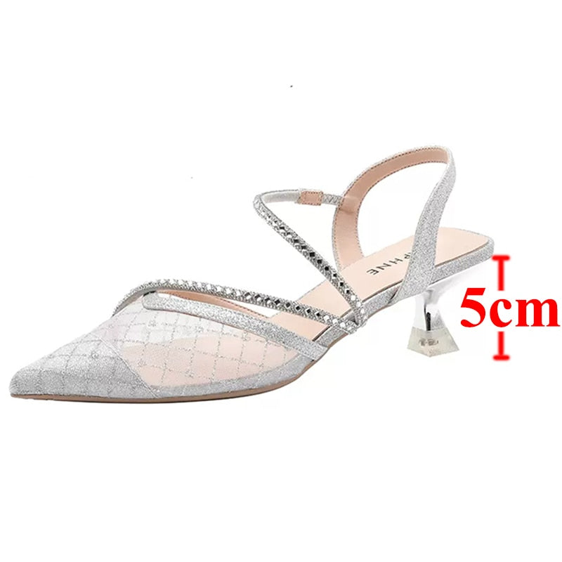 Bling Crystal High Heels Sandals for Women Summer Pointed Toe Rhinestones Thin Heel Pumps Woman Sexy Transparet Mesh Party Shoes