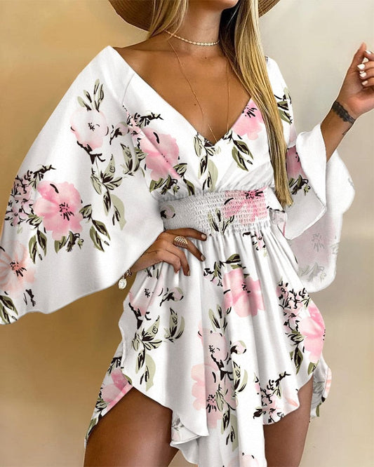 Asymmetric Batwing Sleeve Feather Print Dress