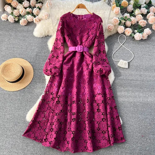 lovwvol Spring Autumn Women Hook Flower Hollow Party Long Dress Vintage Round Neck Puff Sleeve High Waist A-Line Maxi Vestidos New 2024