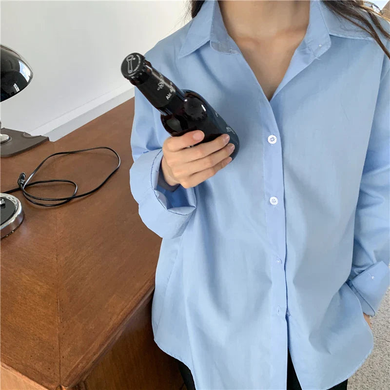 lovwvol Women Blouses Elegant Vintage Streetwear Casual Cotton 100% Loose Button Up White Blue Long Sleeve Office Oversize Shirt Tops