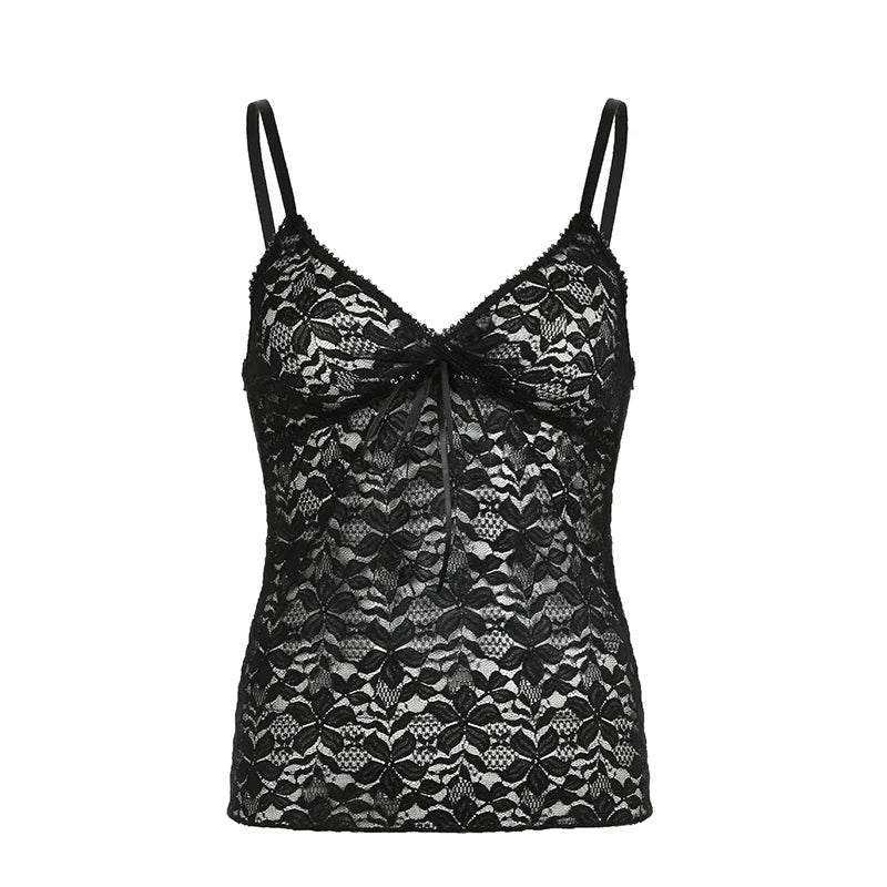 lovwvol Strap V Neck Y2K Black Lace Top Camisole Stitched Bow Fashion Vintage Summer Tops for Women Sleeveless 90s Aesthetic