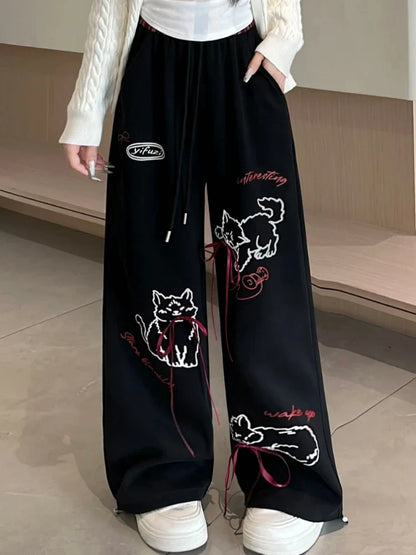 lovwvol  -  Preppy Style Cartoon Cat Print Femme Vintage Wide Leg Pants for Women Causal Y2k Aesthetic Bow Trousers Harajuku Loose Bottoms