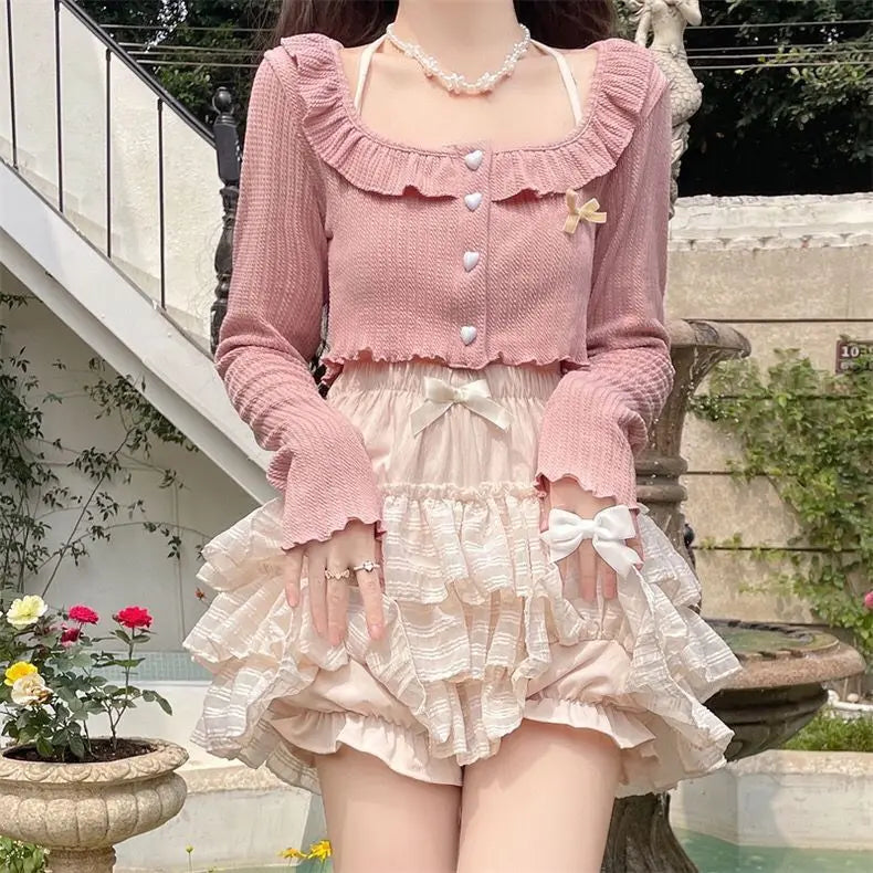 Kawaii Ruffle Skirt Women Coquette Cute Lolita High Waist A-line Bow Lace Fairycore Mesh Mini Skirt Summer Mori Girl