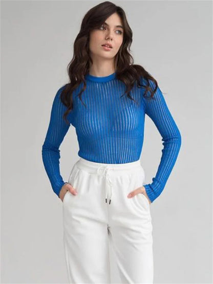 lovwvol Ribbed See-Through Knit Pullover Female Hollow Out Slim Solid Long Sleeve Top Sheer Casual Knitwear Ladies Pullover Summer