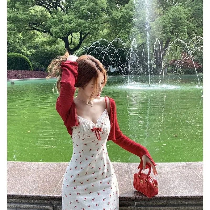 Sweet 2 Piece Dress Set Woman Red Long Sleeve Cardigan + Strap Floral Y2k Mini Dress Party Korean Fashion Suit Spring