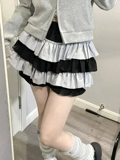 lovwvol Kawaii Lolita Skirt Women Harajuku Ruffle Layered High Waist Patchwork Cutecore Mini Skirt Shorts Japanese Soft Girl