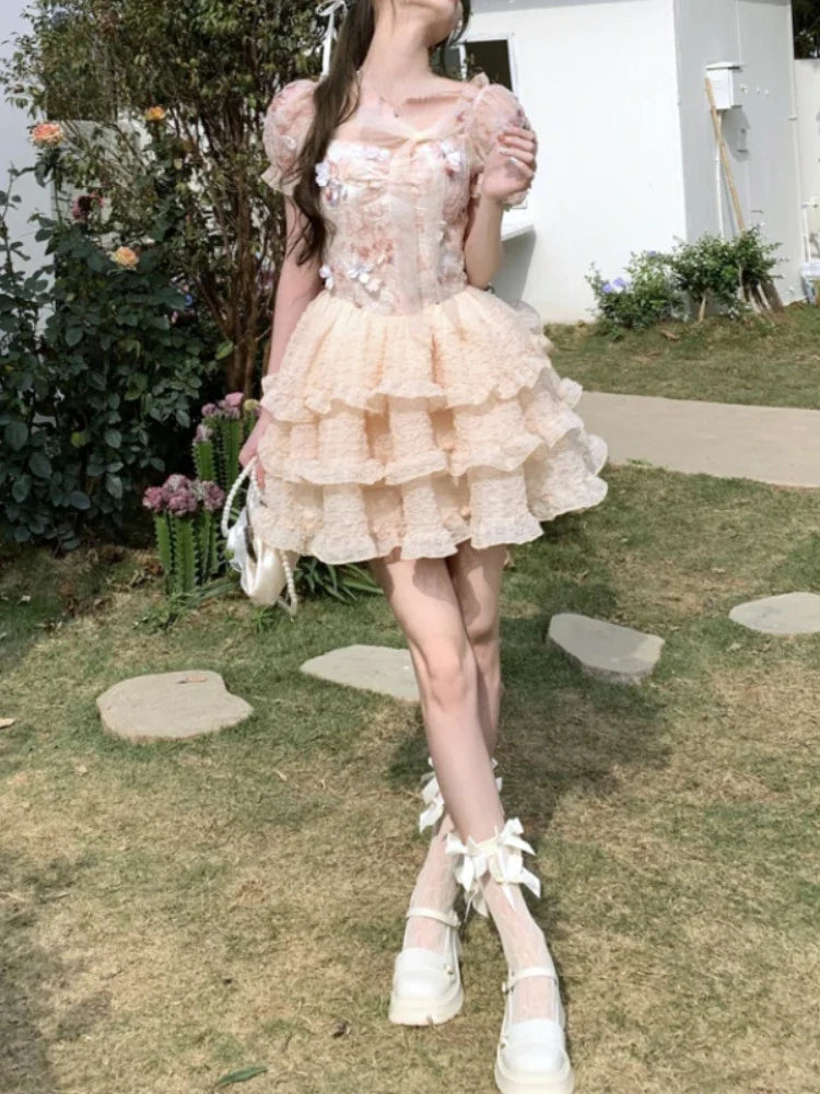 lovwvol Lolita Kawaii Sweet Mini Dress Women Elegant Retro Lace Floral Party Dress 2024 Summer Japanese Style Vintage One Piece Dress