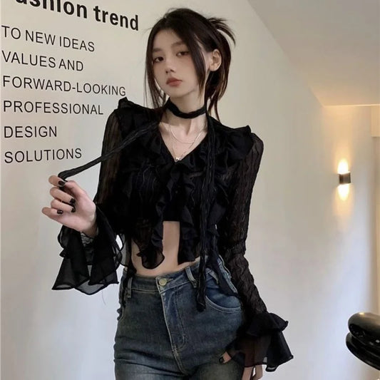 lovwvol Sexy Gothic Women Lace Blouses Grunge Y2k Crop Top Female Shirts Elegant Black Transparent Cardigan Korean Streetwear