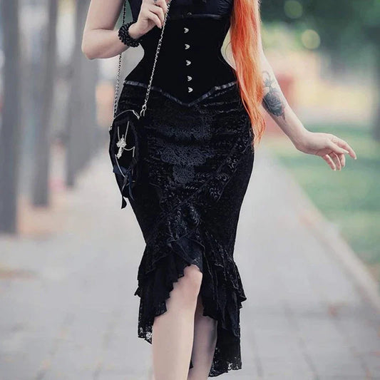 Vintage Mall Gothic Ruffles Mermaid Skirts Grunge Punk Aesthetic Lace Hem Midi Skirt Women Elegant Evening Alt Bottoms