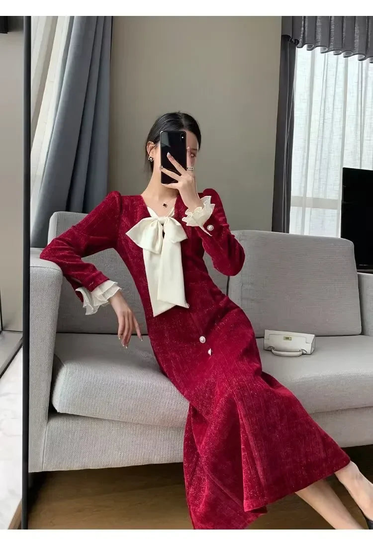 lovwvol Vintage Red Wedding Party Midi Dresses for Women Autumn New Elegant Chic Birthday Evening Prom Long Sleeves Female Clothing