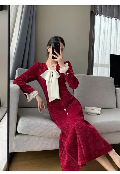 lovwvol Vintage Red Wedding Party Midi Dresses for Women Autumn New Elegant Chic Birthday Evening Prom Long Sleeves Female Clothing