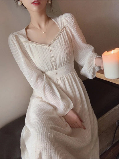 Summer New Women Fashion Elegant White Midi Dresses Vintage Princess Female Party A Line Clothes Prom Robe Vestdios