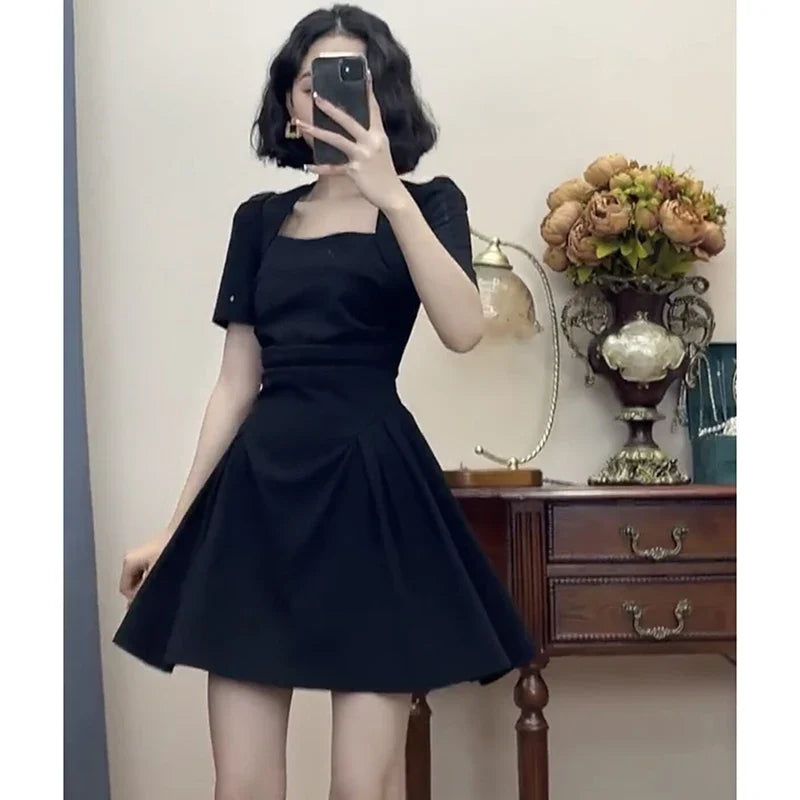 lovwvol   Vintage Women Mini Dress Elegant Korean Folds Female Dresses Spring All Match High Waist Ball Gown A Line Dress New