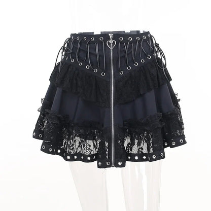 lovwvol  -  Women's Gothic Style Lace Spliced Skirt Dark Slimming Elastic Waist Bandage Mini Skirt Cake Skirt Y2K Style