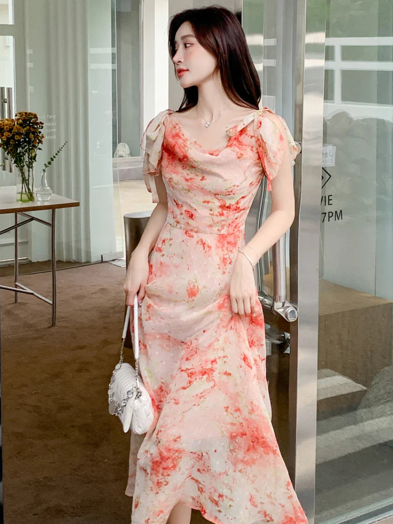 French Floral Suspender Chiffon Dress Seaside Holiday Beach Long Dress Summer Fairy Temperament Korean  Women's New Chic