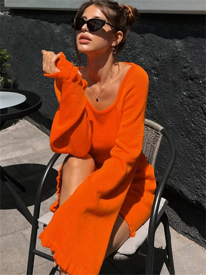 lovwvol Ruffled Hot Backless Knit Mini Dress Women Lace-Up Long Sleeve Sexy High Waist Sweater Dress Loose Knitwear Autumn Dress