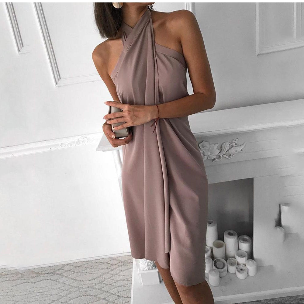 Women Sexy Halter Summer Dress Fashion Elegant Sleeveless Solid Irregular Loose Casual Boho Beach Dresses Robe Femme