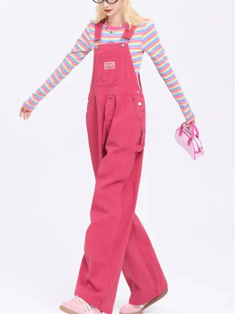 lovwvol Women's Vintage Pink Suspender Jeans Fashion Pocket Wide Leg Pants Streetwear Rompers Female Casual Straight Denim Trouser