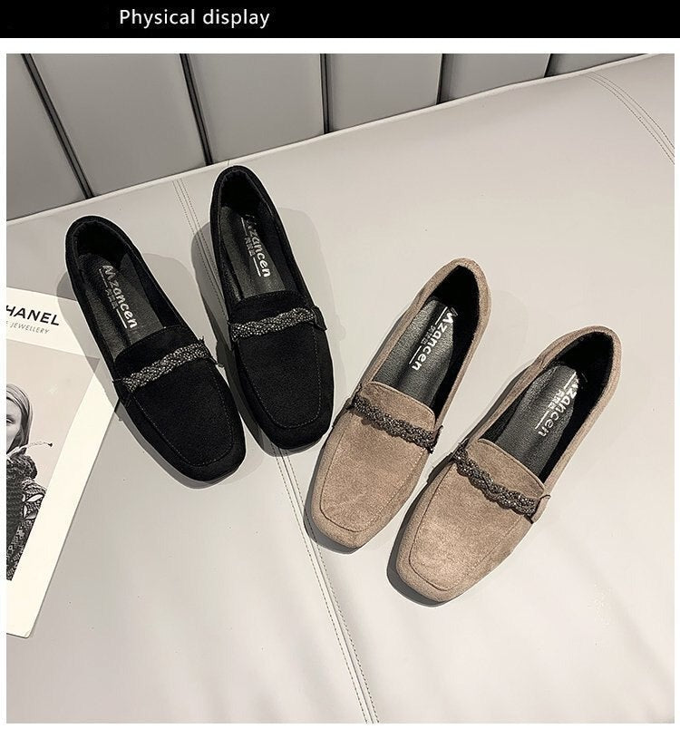 Autumn Winter Women Loafers Low Heels Boat Shoes Square Toe Dress Shoes Chain Faux Suede Plush Warm Ladies Shoes Plus Size