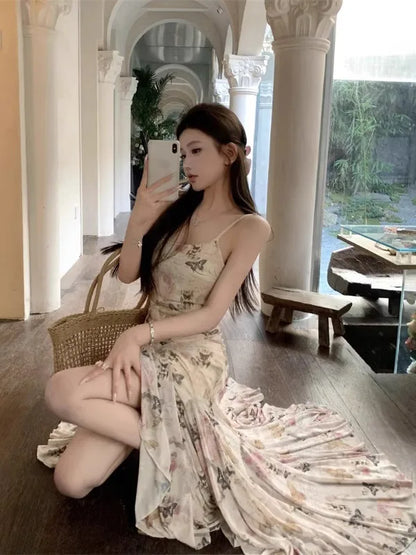 French Romantic Gentle Style Long sleeved Butterfly Print Dress Slim and High Sexy Hanging Strap Fishtail Dress  Summer New