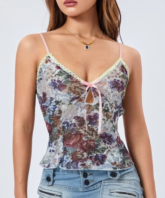 lovwvol Valentine's Day Suspender Thin Female Clothing Printed Sleeveless Top Hollow Out Floral Lace Sexy Girl Vest Spring Summer Party