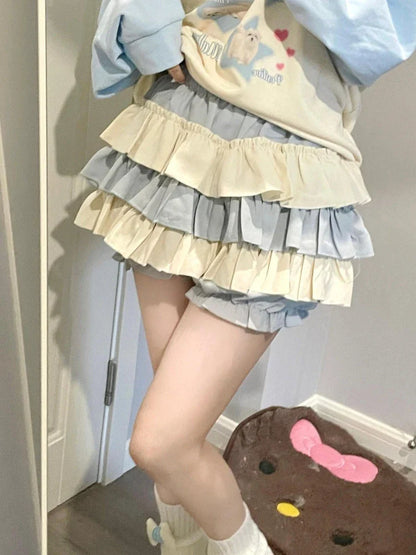 lovwvol Kawaii Lolita Skirt Women Harajuku Ruffle Layered High Waist Patchwork Cutecore Mini Skirt Shorts Japanese Soft Girl