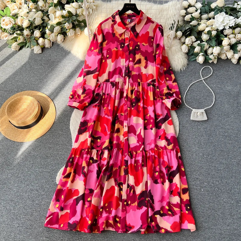 Fragment Flower Dress Women's French Lazy Style Relaxed Long Sleeve Lapel Single Breasted Dresses Girl's Holiday Shop Long Dress